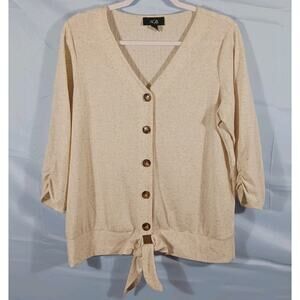 AGB Top Women's Medium Beige Heathered Ribbed Button Up 3/4 Sleeve Linen Blend